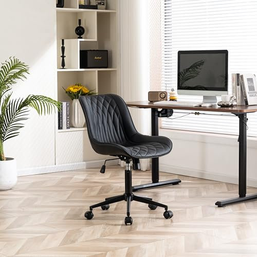 YOUNIKE Black Office Chair Armless Desk Chair with Wheels Swivel Rolling Computer Chair with Back Upholstered Faux Leather Height Adjustable Modern Task Chairs