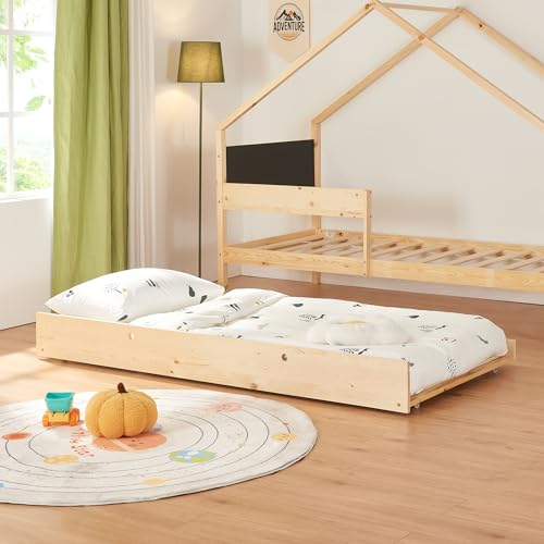 [en.casa] Doppel-Kinderbett Sodankylä Kleinkindbett mit Matratze mit Ausziehbett in Haus-Optik Bettgestell aus Kiefernholz Hausbett mit Zustellbett 90x200cm Natur/Schwarz