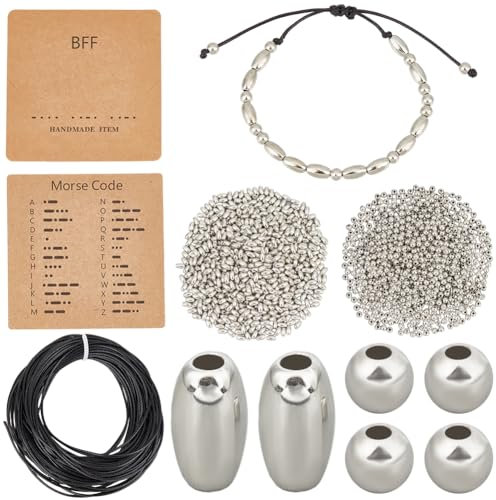 SUNNYCLUE Morsecode Armbänder Perlen In Großen Mengen Armbänder Zum Herstellen Silberfarbene CCB Kunststoff Fassperlen Runde Lose Abstandsperlen BFF Displaykarte Gewachste Kordel Set Zur Schmuckherste