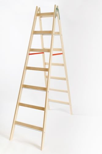 LADDERMAN Stabile Malerleiter 7 Stufen - Praktische Holzleiter, Indoor Outdoor Klappleiter mit Eimerhaken, Roten Sicherheitsgurten, Verstärkt, Breiten Sprossen - Zertifiziertes Kiefernholz