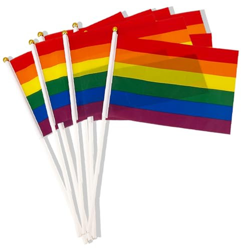 10Pcs Mini Pride Flag on Sticks - 14 × 21cm Handheld Rainbow LGBTQ Gay Lesbian Flag for Pride Day Parade - Indoor Outdoor Party Decorations