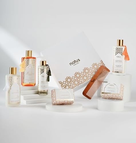 Beauty Set for Women with Argan Oil - Shampoo, Shower Gel, Hair Serum, Body Lotion, Moisturizing Soap, Purifying Soap, and Wooden Comb - All Skin/Hair Types - Vegan