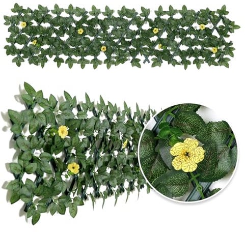 Expandable Garden Fence Panels - Privacy Screen with Faux Ivy & Flower - 200x30cm (Yellow Flower)