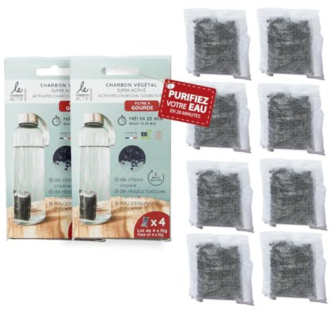 Le Charbon Actif Français 8X filtres à gourde Charbon actif végétal français Granules super activées - En 20 MINUTES seulement - Naturel pour carafe, gourde - Filtre l'eau courante du robinet