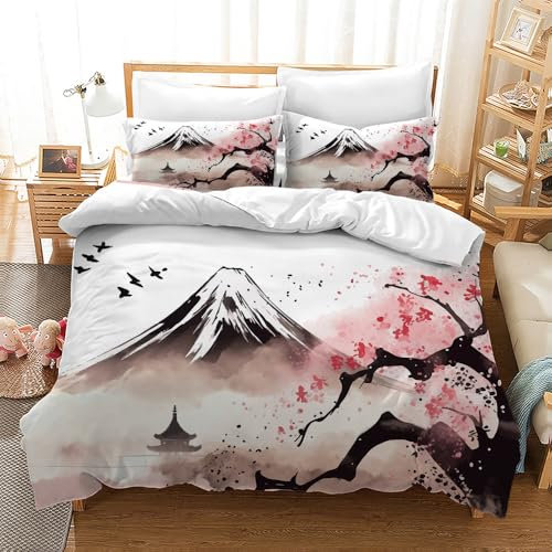 CXYXHW Kirschblüten Bettwäsche-Set,Japanische Sakura Bettbezug,Tusche Malerei Stil Mikrofaser Bettbezug Set 3 teilig für Kinder Bettbezüge Mit 2 Kissenbezug (Kirschblüten 3, 200x200cm)