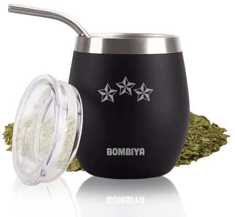 Bombiya Mate Argentino Edición 3 Estrellas – Kit Mate con taza mate, bombilla con filtro y una tapa plástica para la yerba – Doble pared de acero inoxidable – Ideal para regalar