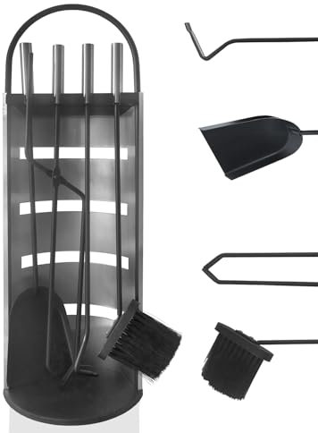 FIVMEN Kaminbesteck 5 teilig Silber Kamingarnitur Kaminzubehör Inkl. Besen, Ascheschaufel, Schürhaken, Zange und Ständer Ofenbesteck Kaminwerkzeug