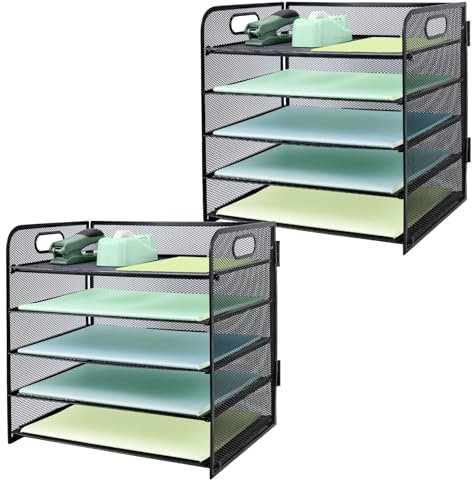 Paper Letter Tray with Handle, 5 Tier Metal Mesh Desk File Organizer, A4 Paper Desktop Filing Trays, Desk Tidy Magazine Document Holder for Home Office, 2 Pack, Black