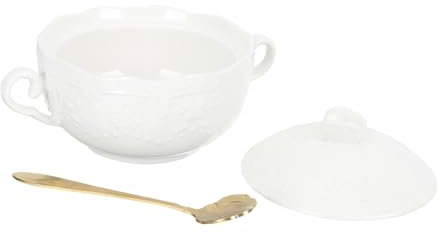 IMIKEYA 1 Set Anfora pentole per stufato con coperchio tazze da cappuccino casseruola ciotola colazione scodella colazione ciotola per la colazione ciotola in ceramica con cucchiaio bianca