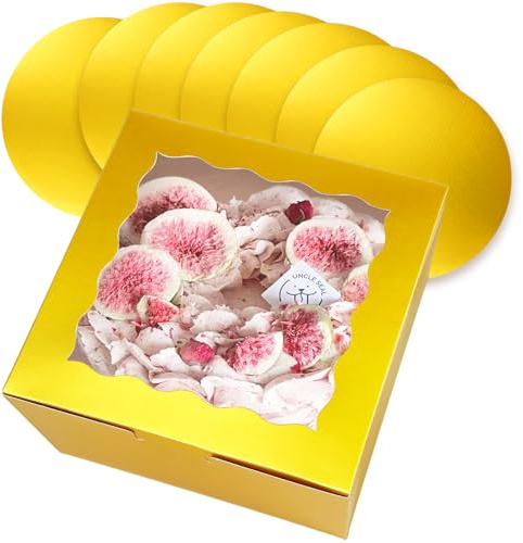 Gcardist 25.4x25.4x13cm Cake Box, 5 Sets Gold Cake Box with Window & 5 Sets 10 Inch Gold Cake Round Boards, Cake Containers(10x10x5 Inch)