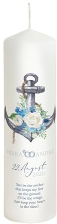 Liamoria® Hochzeitskerze Anker der Liebe mit Namen und Datum - Modell Mirka - mit Blumen und geschwungene Ringe (25 x 8 cm)