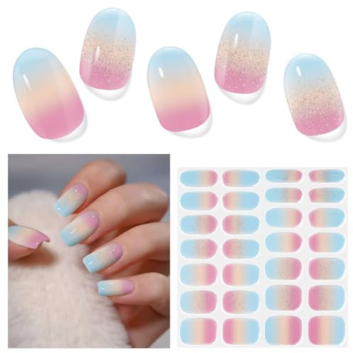 DUKASOU Gel Nail Stickers,28 Pcs Semi Cured Gel Nail Strips UV Light/LED Lamp Required,Long Lasting Polish Stickers Self Adhesive,Easy to Apply Remove(Colorful Candy)