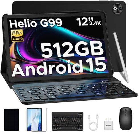 DOOGEE T40PRO 12 inch Android 15 Tablet 2025, Tablet 4G with SIM Card Slots, 2.4K Display& 10800mAh Battery, 20GB+512GB/2TB, 6nm Helio G99, Hi-Res Speaker, Tablets With Keyboard/Mouse/Case/Pen, Black