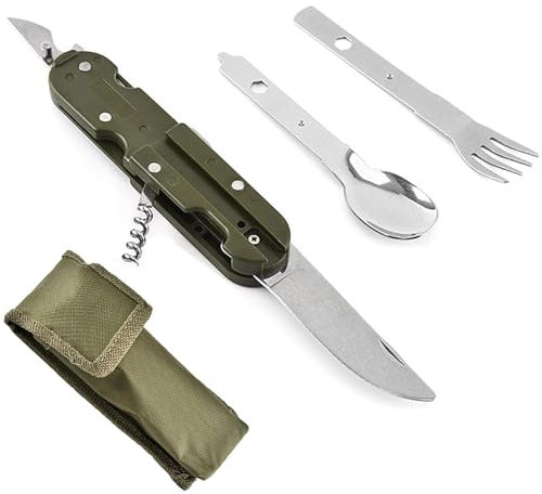 Fine jade2 Cubiertos de camping plegables y bolsas de tela Vajilla plegable multifuncional para Exteriore Supervivencia Viajes Aventuras Picnic