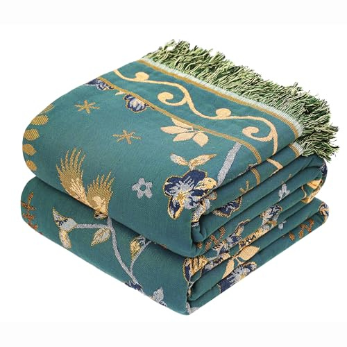 VANJOROY 100% Organic Cotton Fall Boho Throw Blanket for Sofa and Bed,Green | 130x150cm, Bohemian Double-sided Lagre Throw with Bird Floral Pattern for Single Sofa Armchair Couch Bed and Bedspread Decor