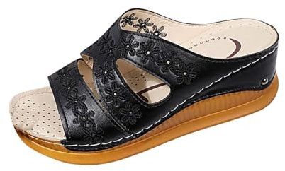 Pantofole da donna con tacco, sandali con zeppa, motivo floreale, sandali romani, con plateau in rete, sandali da spiaggia con tacco alto, scarpe da giardino, Nero , 36 EU