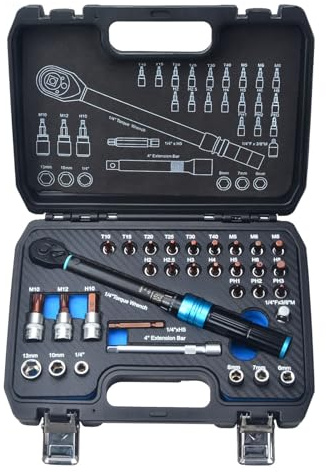 Zoomtools 32pc 1/4 Adjustable Bicycle Torque Ratchet Wrench Set 5-25Nm ±3% Error Accuracy, with 1 * 4 Extension Bar, 6-7-8-10-13mm Sockets for Car,Motorcycle,Truck,Motorbike