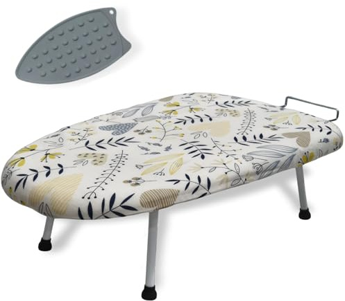 Thorkok Tischbügelbrett, Bügelbrett klein, mit Silikon Bügeleisenauflage, geeignet für Reise & Zuhause, 60 x 37 x 19 cm, Blumenmuster