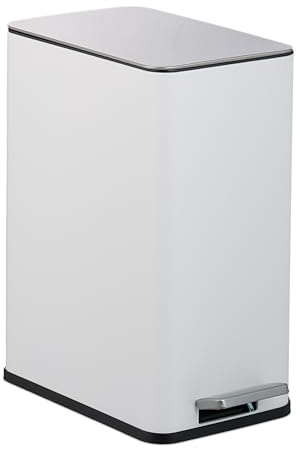 Relaxdays Cubo de Basura Baño, 10 litros, Papelera Rectangular, Tapa con Cierre Suave, Acero Inoxidable en Mate, Blanco