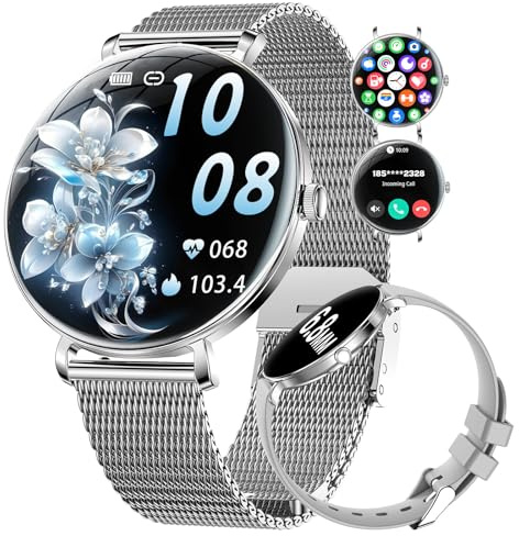 Orologio da donna leggero con chiamate da 1,43, schermo curvo AMOLED Notifica Podómetro/Frequenza Cardiaca 100+ Modalità Sportive IP68 Impermeabile Elegante Smartwatch Android iOS