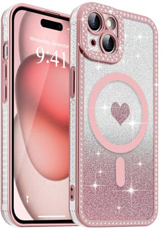 Urarssa for iPhone 15 Magnetic Case Compatible with MagSafe, Removable Glitter Card Bling Sparkle Diamond Girly Case, Raised Lens Protection TPU Protective Cover for iPhone 15, Pink
