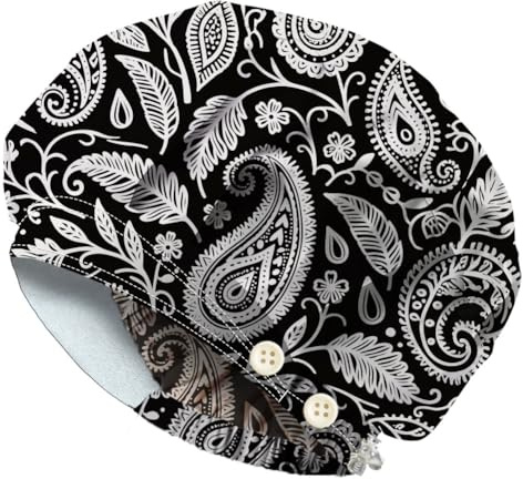 DELORIGIN Retro Paisley Bouffant Scrub Caps Baumwolle Krankenschwester Scrub Hüte Mit Knopf Und Schweißband Verstellbare Chirurgische Arbeitskappen Zum Kochen Und Für Die Hausarbeit