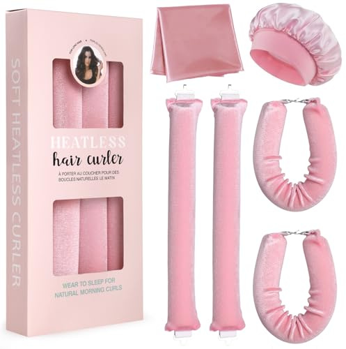 GeeRic Bigoudis sans Shaleur, 6 Bandeaux à Boucler sans Chaleur avec Foulard en Satin et Bonnet de Douche, Bigoudis doux et Confortables pour des Boucles de Nuit Rose