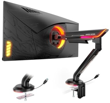 ARES WING Supporto per monitor singolo con RGB, braccio per monitor da gioco resistente, adatto per schermo ultrawide da 24-57, supporto regolabile per monitor del computer, supporta fino a 27,2 kg