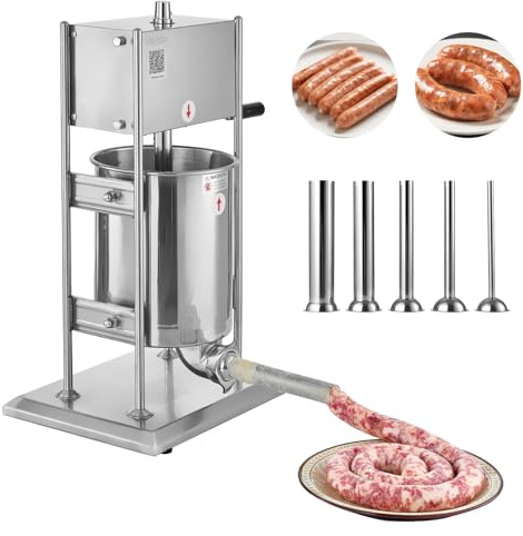 VEVOR Manual Sausage Bagger Machine, 10L Vertical Meat Bagger, Double Speed Heavy Duty Stainless Steel with 5 Tubes of Bagging for Commercial and Domestic Use