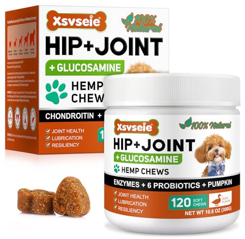Hüft- und Gelenkergänzung für Hunde, 120 weiche Kaustücke mit Glucosamin, Chondroitin & MSM für Gelenkgesundheit und Flexibilität, Tabletten für ältere Hunde und Welpen – Geschmacksrichtung Ente