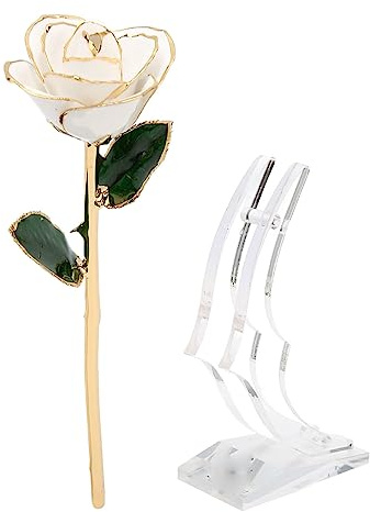 DriKou 24K vergoldete Rose, mit Ständer in Gold getauchte Rosenblumendekoration für Valentinstag und Jubiläum