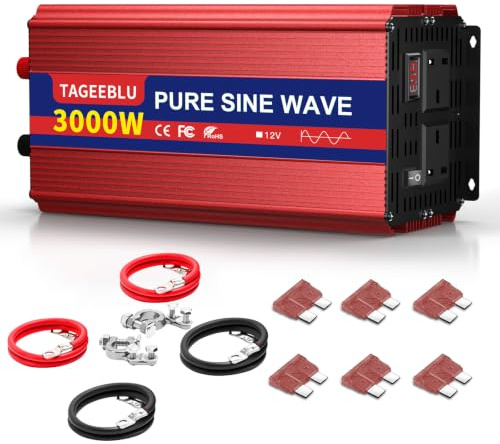 TAGEEBLU Pure Sine Wave Power Inverter 3000w DC 12V to AC 240V Voltage Converter with 2 AC Outlets,for Motorhomes,Trucks,Boats,Camping,6000W Peak Power