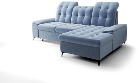 O-Sofa Ecksofa Kongo RBN18, Eckcouch in L-Form mit Schlaffunktion, Farbe: Blau, Velourstoff, Ottomane Rechts