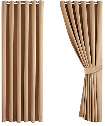 Aspire Homeware Blackout Curtains 90x90 for Living Room - Eyelet Bedroom Curtains with Tiebacks Window Treatments Super Soft Thermal Black Out Beige Curtain & Drapes, 2 Panels