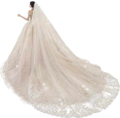 NCDIMS Newdeve Hochzeitsschleier, Kathedrale, lang, 2-stöckig, Pailletten, Spitzenrand, Rouge mit Kamm, Elfenbein, 5 Meter
