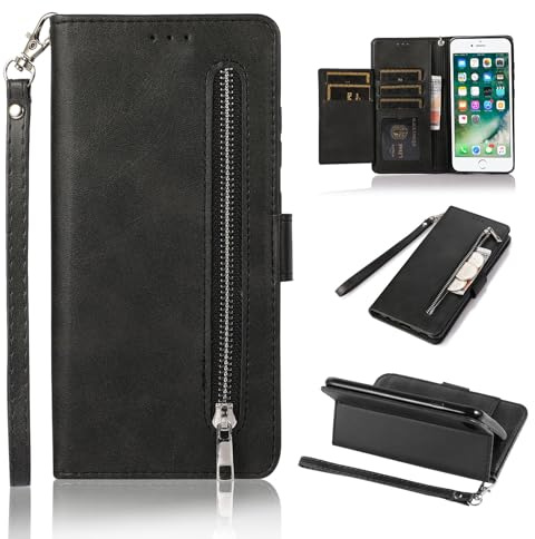 EYZUTAK Wallet Case for iPhone 6/6S, 5 Card Slots Magnetic Closure Zipper Pocket PU Leather Flip Case with Wrist Strap TPU Kickstand - Black