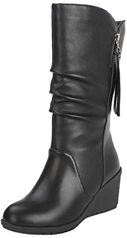 Damen Stiefeletten Chelsea Boots mit Blockabsatz Profilsohle Stiefel Frauen Mode Reine Farbe Runde Zehen Slip-Up Stiefel Keilabsätze Vintage (36,1Schwarz)