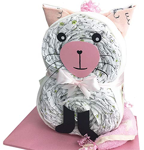 Windeltorte.com – Windeltorte Katze für Mädchen inkl. 24 LILLYDOO Windeln | Geschenk zur Geburt | Taufgeschenk | Geschenk zur Babyparty – handgefertigt