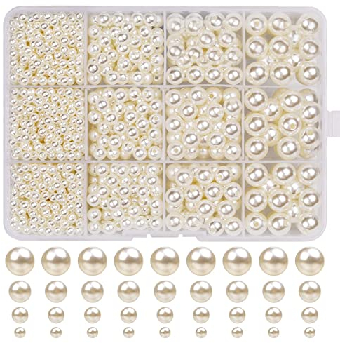 Lot de 1320 perles de verre beiges - Perles d'imitation - Blanc crème - Pour la fabrication de bijoux, colliers, bracelets, bijoux - (∅ 4, 6, 8, 10 mm)