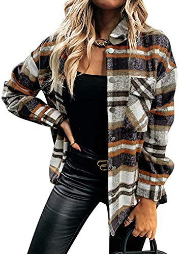 YMING Femme Bûcheron Carreaux Chemise à Manches Longues Surdimensionnée Chemise à Carreaux Décontractée Blouse avec Poches Poitrine Orange XL