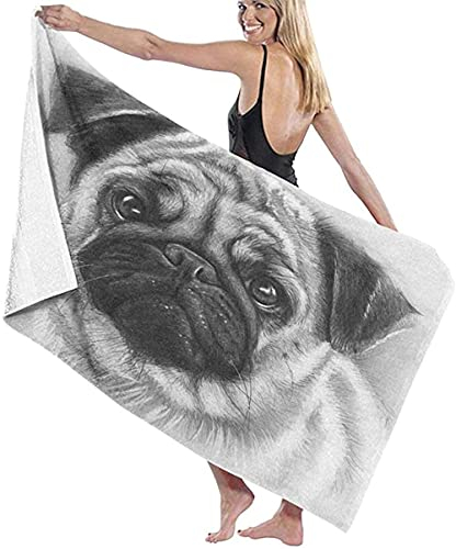 Tragbar Microfaser Strandtuch,Mops Zeichnung Mops Hund,130 x 80 cm,Sommer Badehandtuch,Schnell Trocknendes,Weiches,Sandfreies Handtuch,Perfekt für Schwimmen Pool Strandurlaub