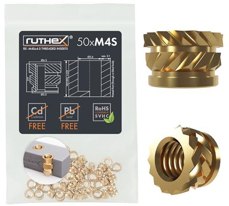 ruthex Inserto filettato M4S SHORT- 50 pezzi RX-M4x4,0- Boccola filettata in ottone -dado di inserimento per parti in plastica - utilizzabile in parti in plastica stampate in 3D tramite calore