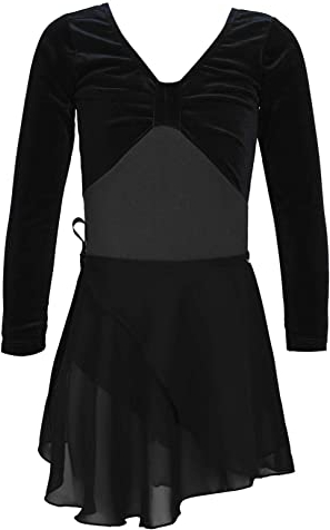 JEATHA Kinder Mädchen Samt Ballettanzug Langarm Turnanzug Ballett Trikot Body mit Ballettrock Mesh Tutu Rock Ballettkleidung Baumwolle Langarmshirts Turnbody Gymnastikanzug Schwarz 110-116