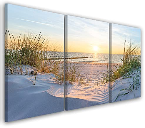Feeby 3-teilig Wandbild 120x60 cm Wellen Meer Himmel Strand Druckbild Leinwandbild Wandbild Kunst Bilder Schlafzimmer Deko Wohnzimmer Gras Sonnenuntergang Dünen Beige