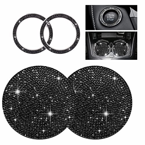 Yungeln 2 Stück Auto Getränkehalter Untersetzer + 2 Stück Start Stop Button Ring Kristall Bling Bling Strass Auto Dekor Zubehör - Schwarz