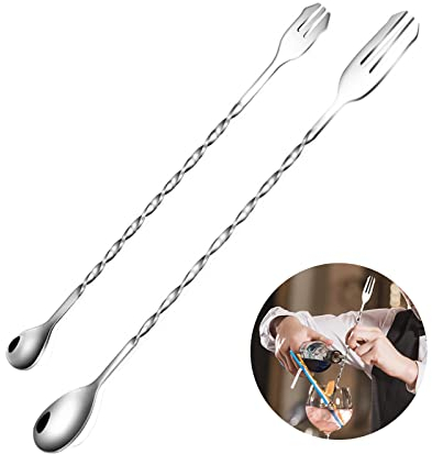 Cucchiaio da cocktail in acciaio inox,Cucchiaio da bar con manico lungo,Cucchiaio da cocktail per vino da bar in acciaio inossidabile,Per il barista per la casa e il bar (uno da 32 cm, uno da 26 cm)