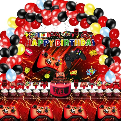 Mpanwen Video Game Birthday Party Decorations - 109Pcs Red and Black Gamer Gaming Party Supplies For Boys Birthday Party - Gaming Backdrop, Table Cover, Hanging Swirls, Topper, Balloons