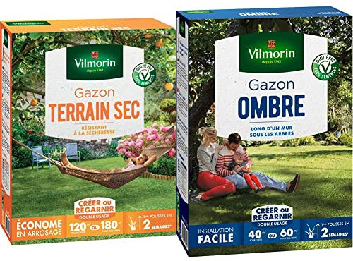 VILMORIN - Gazon Terrain Sec - Résistant à la sécheresse - Économe en arrosage - Premières pousses visibles dès 2 semaines - Pour créer un nouveau gazon, Vert, 3 kg & 4466514 Gazon Ombre, Vert, 1 kg
