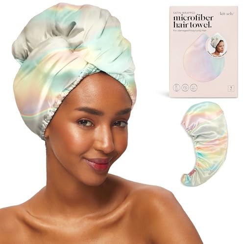 Kitsch Satin Wrapped Microfiber Hair Towel - Fast Dry Curly Hair Wraps for Women Wet Hair | Microfiber Towel for Hair | Hair Drying Towel Wrap | Hair Towels for Women | Hair Turban for Wet Hair (Aura)