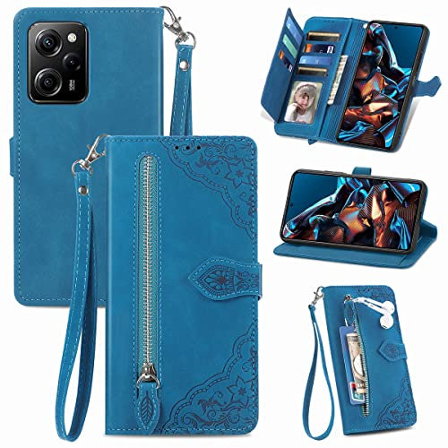 MOJIA Coque Porte Monnaie pour Xiaomi Poco X5 Pro 5G / Redmi Note 12 Pro, Etui Portefeuille en Cuir PU avec Cover en TPU, Etui Multifonctionnel Porte-Cartes avec Dragonne. Bleu